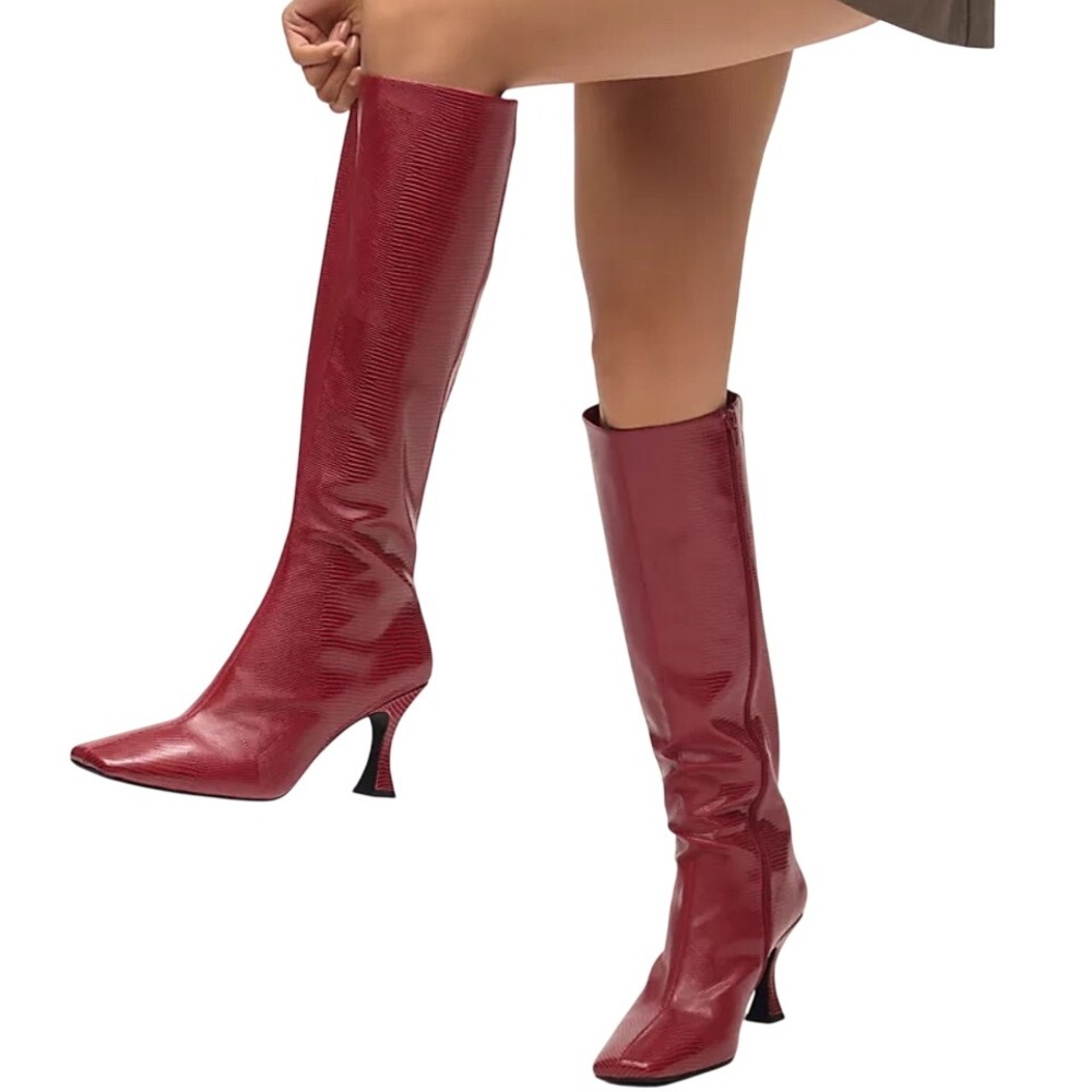 NIB Anthropologie Jeffrey Campbell Checkmate Red Knee High Boots 7.5 Lizard $210 - Picture 2 of 15
